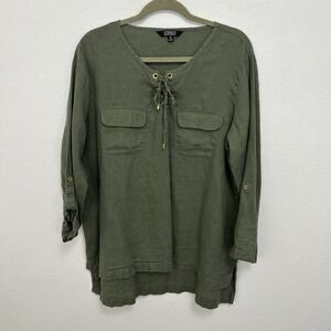Ellen Tracy Olive Green 100% Linen Roll Tab Sleeve Popover Blouse Size XL Casual